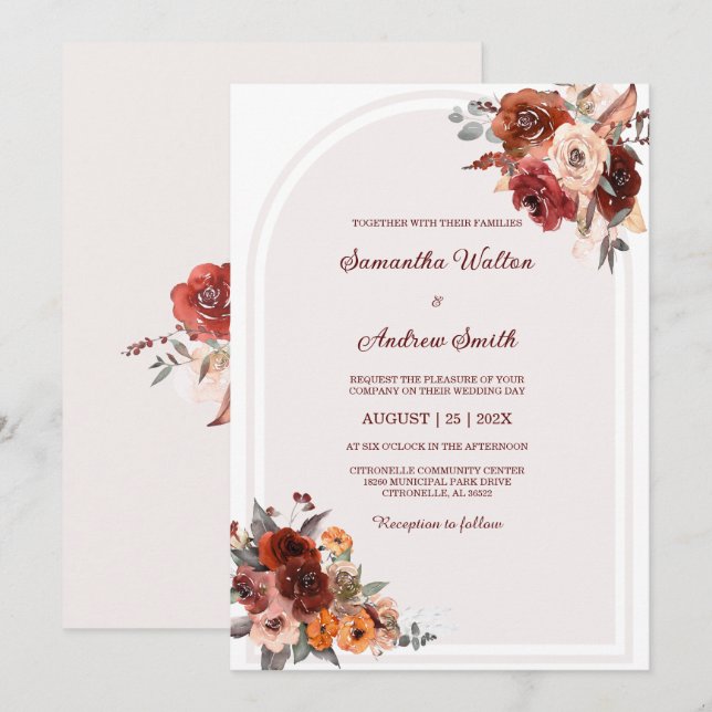 Invitación Elegante Boda floral con Borgoña y Peach (Anverso / Reverso)