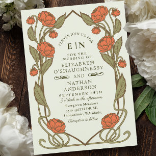 Invitación Elegante Boda floral Coral Peony Art Nouveau