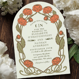 Invitación Elegante Boda floral Coral Peony Art Nouveau