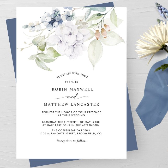 Invitación Elegante Boda floral de acuarela azul de la marina (Subido por el creador)