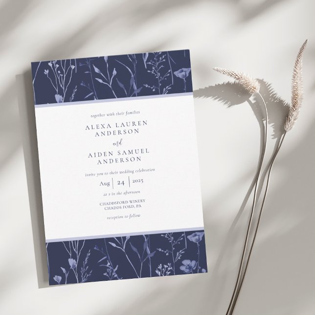 Invitación Elegante Boda floral de acuarela azul de la marina (Subido por el creador)