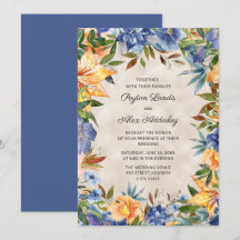 Elegante boda floral de acuarela azul naranja