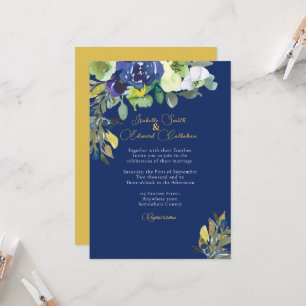 Invitación Elegante boda floral de acuarela azul oscuro de Na