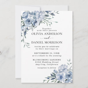 Invitación Elegante boda floral de acuarela azul polvoriento