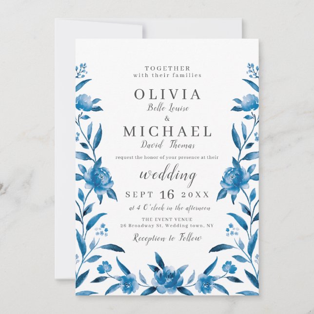 Invitación Elegante boda floral de acuarela azul y blanco (Anverso)