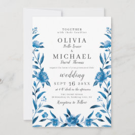 Invitación Elegante boda floral de acuarela azul y blanco