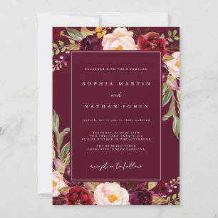 Invitación Elegante boda floral de acuarela de Borgoña