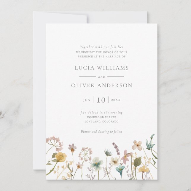 Invitación Elegante Boda Floral de acuarela de flores silvest (Anverso)