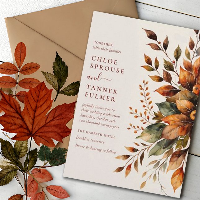 Invitación Elegante Boda floral de acuarela de hojas de otoño (Subido por el creador)