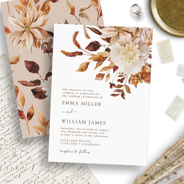 Invitación Elegante Boda floral de acuarela de otoño (Elegant Fall Watercolor Floral Wedding Invitation by Painted Paperie)