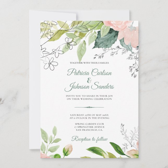 Invitación Elegante boda floral de acuarela monogramada (Anverso)