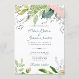 Invitación Elegante boda floral de acuarela monogramada