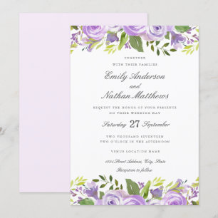 Invitación Elegante Boda Floral de Acuarela Morada