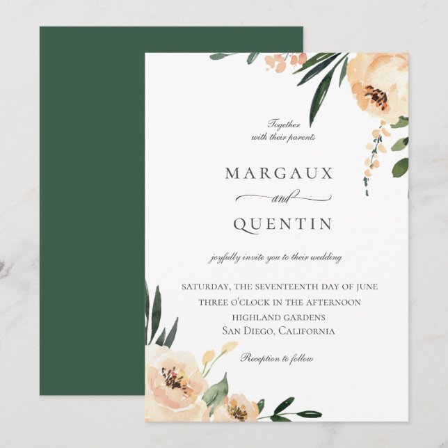 Invitación Elegante Boda floral de acuarela neutra (Anverso / Reverso)