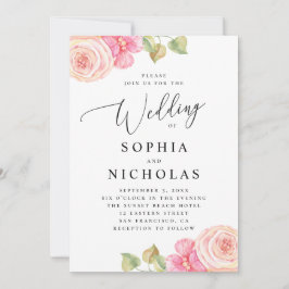 Invitación Elegante boda floral de acuarela rosa rubor