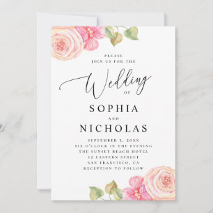Invitación Elegante boda floral de acuarela rosa rubor