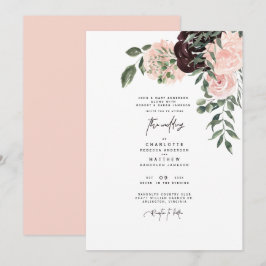 Invitación Elegante Boda Floral de Acuarela Rosa y Vino 
