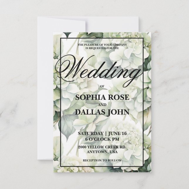 Invitación Elegante Boda floral de acuarela verde blanco (Anverso)