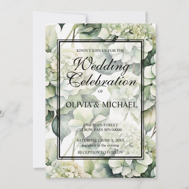 Invitación Elegante Boda floral de acuarela verde blanco (Anverso)
