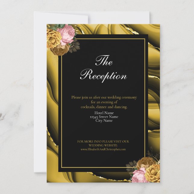 Invitación Elegante Boda Floral de Ágata Negra y Dorada Recep (Anverso)