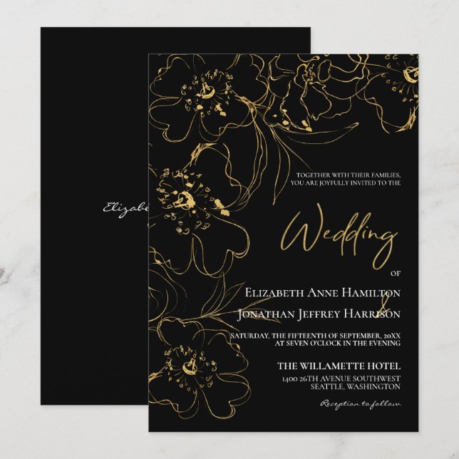 Invitación Elegante Boda Floral de Arte de Línea Negra y Oro (Anverso / Reverso)