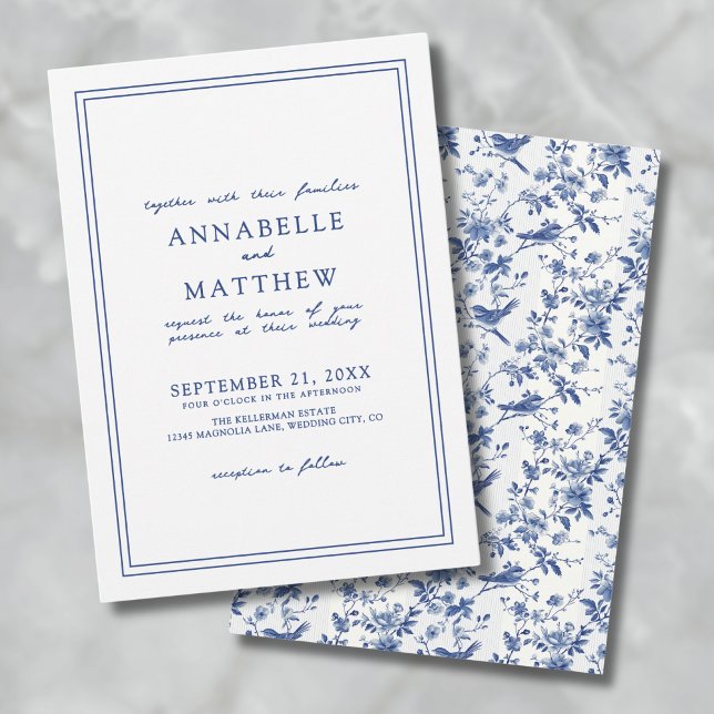Invitación Elegante Boda Floral de Aves Chinoserie Azul (Elegant Blue Chinoserie Bird Floral Wedding Invitation)