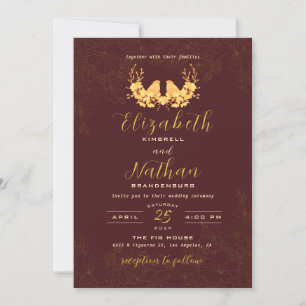 Invitación Elegante Boda floral de Aves Doradas Borgoñas Oscu