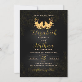 Invitación Elegante Boda Floral de Aves Negras y Oro