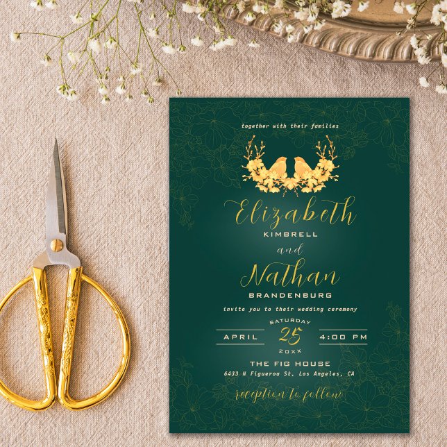 Invitación Elegante Boda Floral de Aves Verdes y Oro (Subido por el creador)