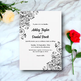 Invitación Elegante Boda Floral De Boho Blanco Y Negro Ornate