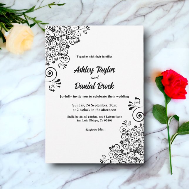 Invitación Elegante Boda Floral De Boho Blanco Y Negro Ornate (Subido por el creador)