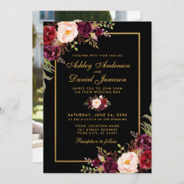 Invitación Elegante Boda floral de Borgoña foto de oro negro