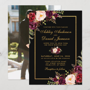 Invitación Elegante Boda floral de Borgoña foto de oro negro