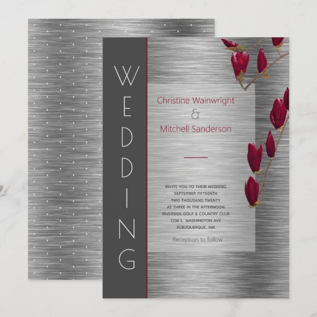 Invitación Elegante Boda floral de Borgoña Gris Metálico (Anverso / Reverso)
