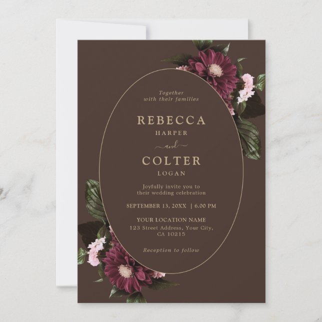 Invitación Elegante Boda floral de Borgoña marrón (Anverso)