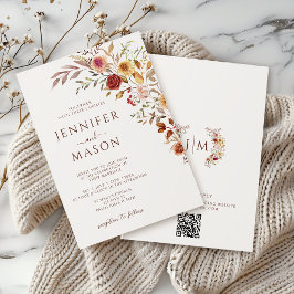 Invitación Elegante Boda floral de Borgoña otoño QR en