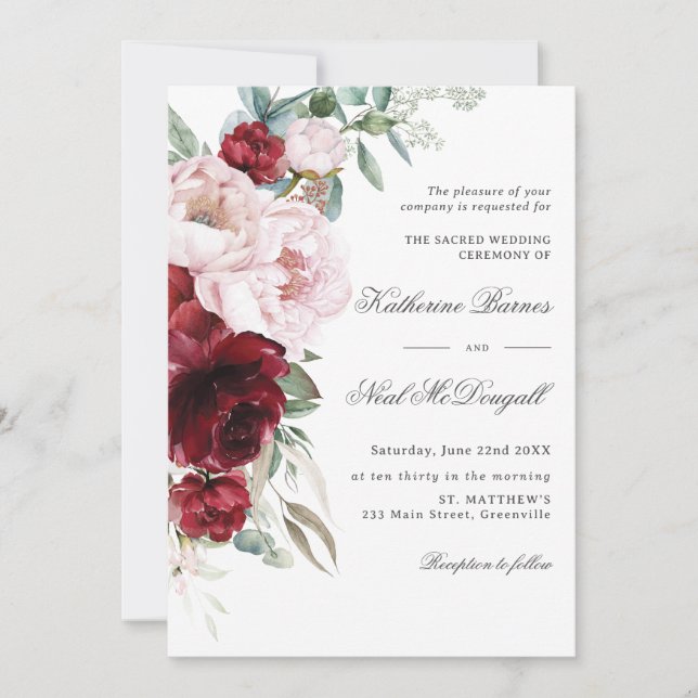 Invitación Elegante Boda floral de Borgoña Rubor Peonies (Anverso)