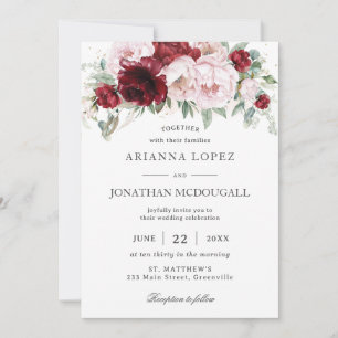 Invitación Elegante Boda floral de Borgoña Rubor Peonies Rosa