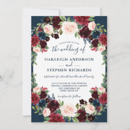 Invitación Elegante Boda floral de Borgoña y Marina