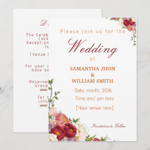 Invitación Elegante boda floral de borgoña y rubor carmesí