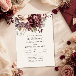 Invitación Elegante boda floral de burgundy y rosa polvorient