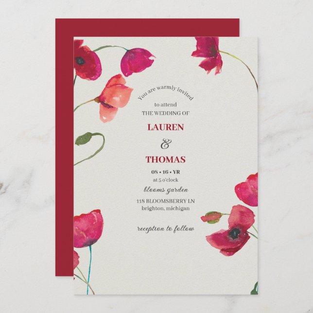 Invitación Elegante Boda Floral de Cachorros Rojos (Anverso / Reverso)