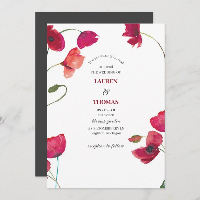 Invitación Elegante Boda Floral de Cachorros Rojos (Anverso / Reverso)