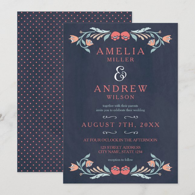 Invitación Elegante Boda floral de cartón azul (Anverso / Reverso)