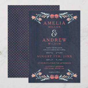 Invitación Elegante Boda floral de cartón azul