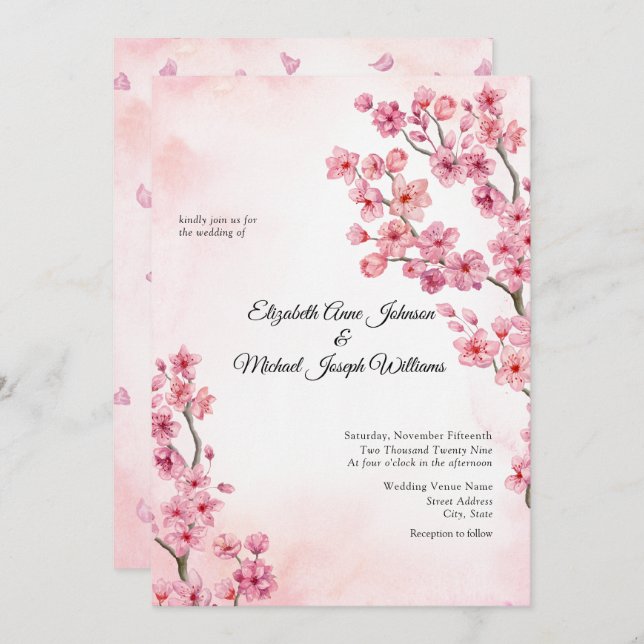 Invitación Elegante Boda floral de cerezo rosa Sakura (Anverso / Reverso)