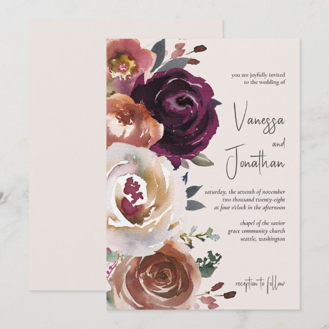 Invitación Elegante Boda floral de champán morado y palisandr (Anverso / Reverso)