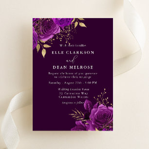 Invitación Elegante Boda Floral de Ciruela Púrpura y Oro