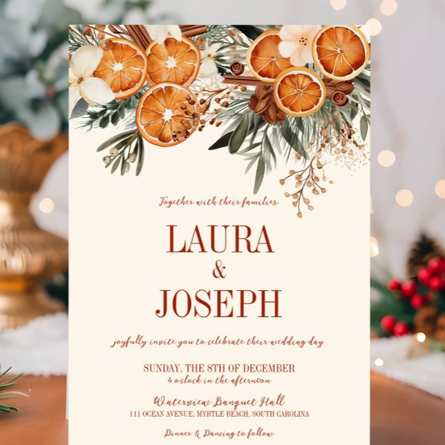 Invitación Elegante Boda Floral de Citrus de Marfil (Ivory Orange Citrus Floral Bridal Shower Invitation, Christmas, Fall Autumn, Elegant Modern Wedding)