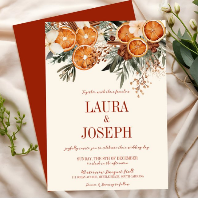 Invitación Elegante Boda Floral de Citrus de Marfil (Burnt Orange Citrus Floral Wedding Invitation, Fall Autumn Winter Wedding, Boho Rustic Modern)